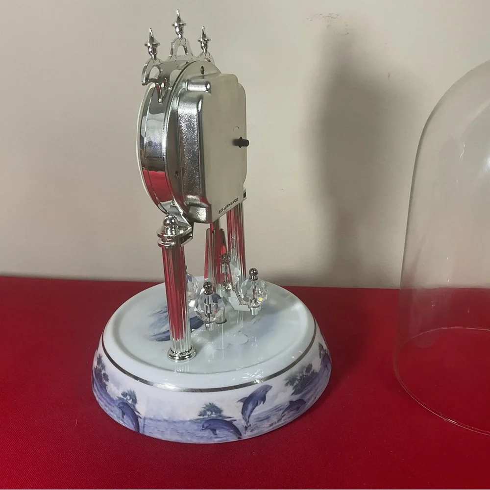 Waltham Dolphin Anniversary Clock Under Glass Dome Spinning Pendulum Working
